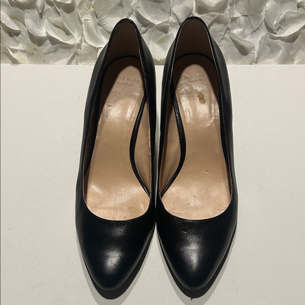 Cole Haan Black Leather Pointed-Toe Pumps with Nude Insole